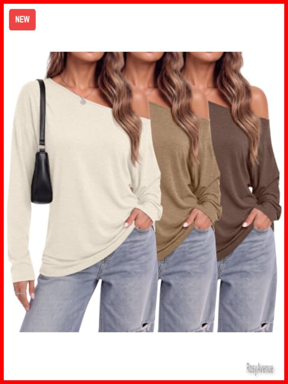 Women's Off Shoulder Long Sleeve Tops 3 Pack Loose Fit Boat Neck Casual Tees
